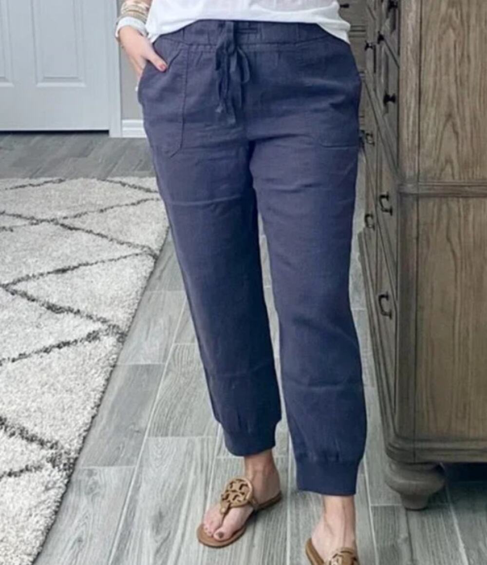 NEW Caslon Linen Joggers Pockets Navy Blue drawstring waist ankle cuff Medium